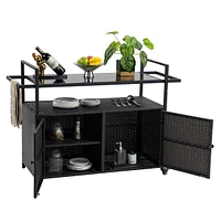 Wicker Bar Cart with Wheels, Glass Top
