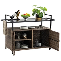 Outdoor Wicker Bar Cart with Glass Top