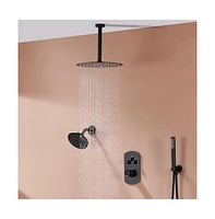 Mondawe 12" Round Ceiling Mounted Thermostatic Shower System Set with Handheld Spray, Brushed Nickel