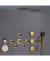 Mondawe 22" Ceiling Mounted Luxury Led Shower System Set with Handheld Spray, 3 Body Jets & Remote Control, Brushed Gold