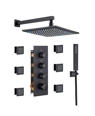 Mondawe 12" Wall Mounted Thermostatic Led Shower System Set with Hanheld Spray & 6 Body Jets, Black