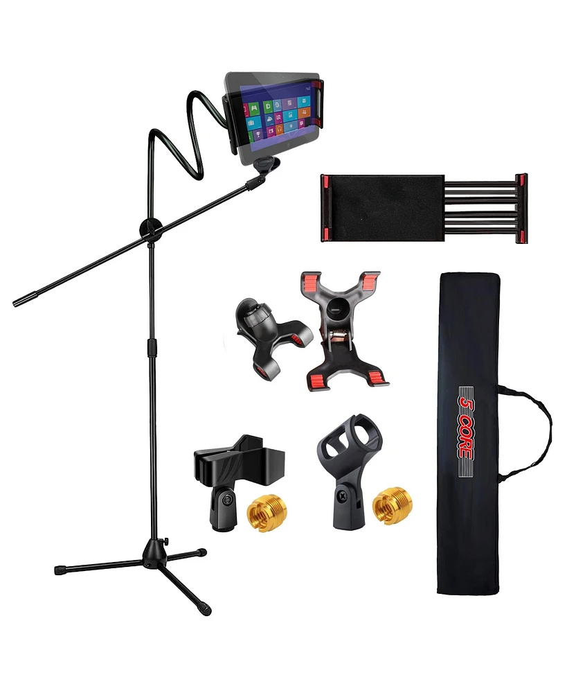 5 Core Microphone Stand + Phone Holder Floor Boom Mic Stand Gooseneck + Tablet Holder Collapsible Adjustable Tripod Mic Stand