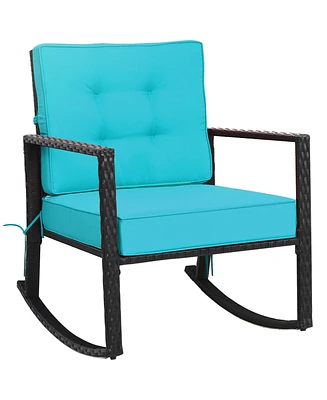 Gymax Outdoor Wicker Rocking Chair Patio Lawn Rattan Single Chair Glider w/ Turquoise Cushion