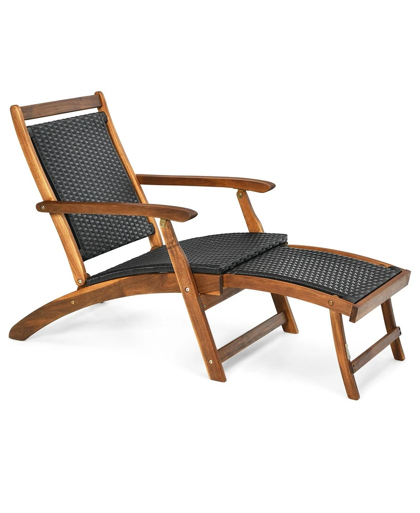 Slickblue Patio Rattan Folding Lounge Chair with Acacia Wooden Frame Retractable Footrest