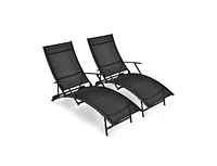 Slickblue 2 Pieces Patio Folding Stackable Lounge Chair Chaise with Armrest-Black