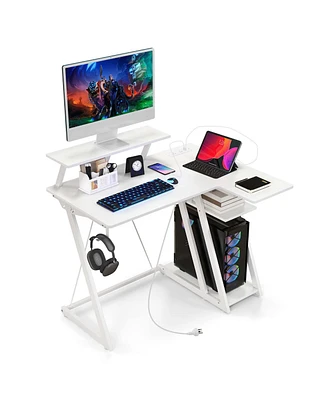 Costway L-Shaped Gaming Desk with Outlets & Usb Ports Monitor Shelf Headphone Hook