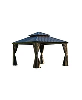 Mondawe 12x12ft Hardtop Gazebo, Outdoor Aluminum Frame Canopy with Galvanized Steel Double Roof, Outdoor Permanent Metal Pavilion with Curtains and Ne