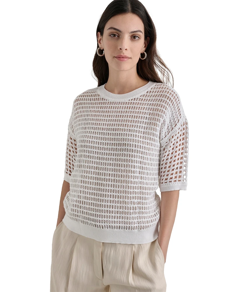 Dkny Women's Round-Neck Short-Sleeve Open-Crochet Sweater