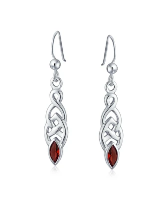 Bling Jewelry Bff Celtic Irish Love Knot Bezel Set Simulated Red Garnet Cz Fish Hook Dangle Earrings For Women .925 Sterling Silver
