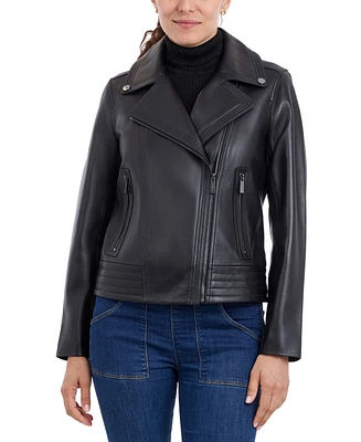 Michael Kors Petite Asymmetric Leather Moto Coat