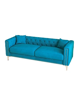 Simplie Fun Sofa Includes 2 Pillows, 83" Blue Velvet Triple Sofa, Suitable For Large And Small Spaces