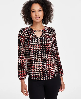 Anne Klein Petite Printed Chain-Trim-Neck Blouse