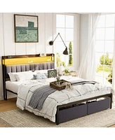 Streamdale Furniture Full Bed Frames with Storage Headboard and Drawers, Led Platform and Upholstered Bed Frame with Charging Station