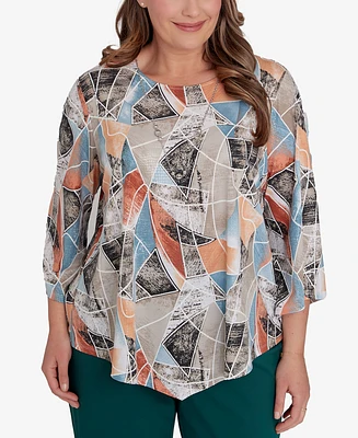 Alfred Dunner Plus Size Classic Stained Glass Sharkbite Top With Necklace