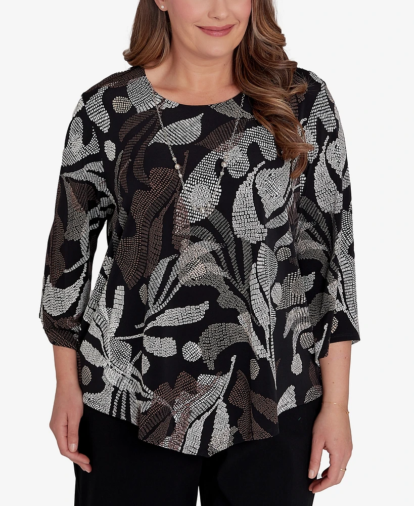 Alfred Dunner Plus Size Classic Textured Leaf Top With Necklace