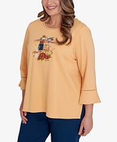 Alfred Dunner Plus Size Classic Scarecrow Detailed Bell Sleeve Top