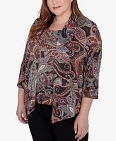 Alfred Dunner Plus Size Classic Metallic Paisley Two In One Top With Necklace