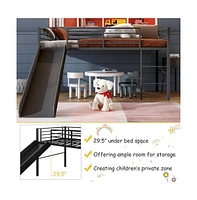 Slickblue Twin Metal Loft Bed with Slide Safety Guardrails and Built-in Ladder