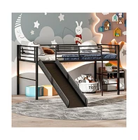 Slickblue Twin Metal Loft Bed with Slide Safety Guardrails and Built-in Ladder