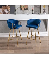 Streamdale Furniture 26 Inch Set Of 2 Bar Stools, With Chrome Footrest Velvet + Golden Leg Simple Barstool, Blue