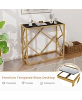 Costway 31.5" Tempered Glass Top Console Table with Foot Pads Golden Heavy-duty Metal Frame