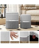 Costway Linen Fabric Storage Ottoman Set of 2 Modern Round Ottoman with Storage for Bedroom