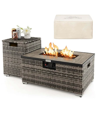 Costway 32"x 20" Propane Rattan Fire Pit Table Set with Side Table Tank & Cover 40,000 Btu