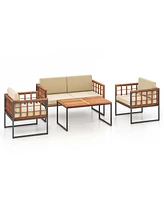 Costway 4 Pcs Acacia Wood Outdoor Sofa Set with Heavy Duty Metal Frame Soft Seat