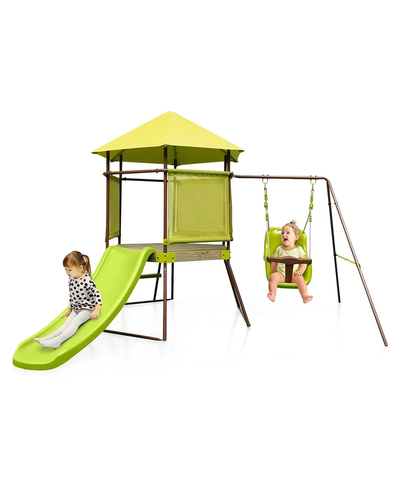 Costway 4-in-1 Swing Set with Covered Playhouse Fort Height Adjustable Baby Seat Slide