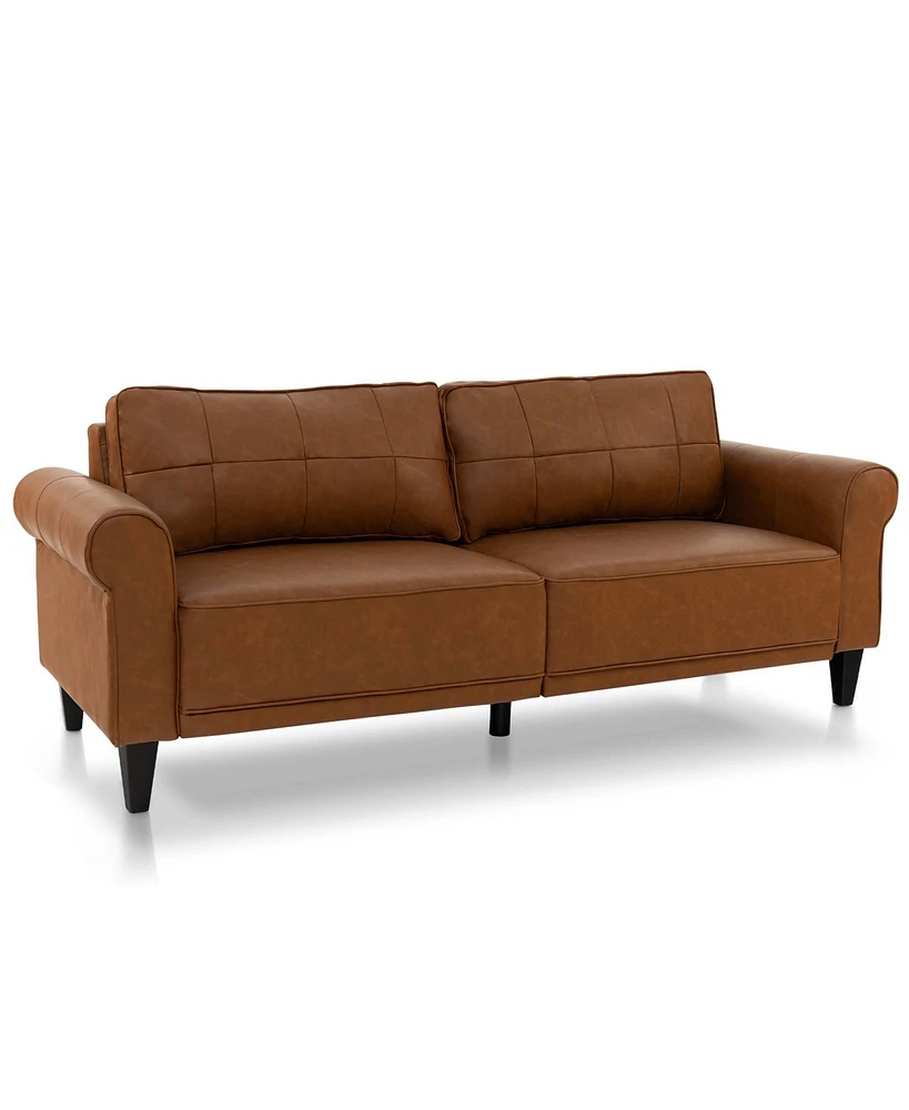 Costway Modern Sofa Couch Pu Leather 81.5'' 3-Seater with 2 Back Pillows & 5 Wooden Legs