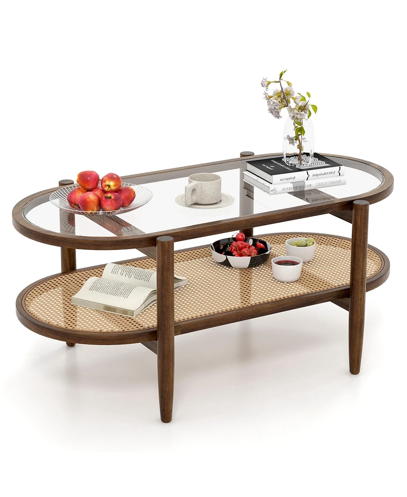 Costway 2-Tier Coffee Table Tempered Glass Top with Pe Rattan Shelf & Acacia Wood Frame