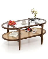 Costway 2-Tier Coffee Table Tempered Glass Top with Pe Rattan Shelf & Acacia Wood Frame