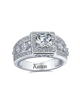 Bling Jewelry Square Cut Halo Cz Art Deco Style Princess Promise Ring For Women Wide 3 Row Band Sterling Silver