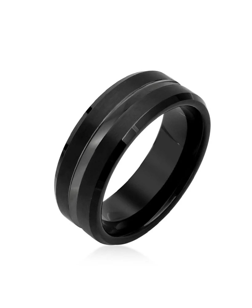 Bling Jewelry Simple Black Grey Center Stripe Couples Titanium Wedding Band Ring For Women Comfort Fit 8MM