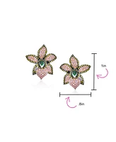 3D Green Pink Orchid Flower Shaped Pave Cz Large Stud Earrings For Women Cubic Zirconia Rhodium Plated Brass