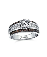 Bling Jewelry 3CTW Cz Two Tone Chocolate Brown Color Clear Round Solitaire Promise Ring 3 Row Wide Pave Band Silver Plated