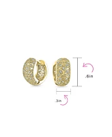 Open Filigree Flower Wide Huggie Hoop Earrings Cz Accent Cubic Zirconia Gold Plated Brass .65 In Diameter