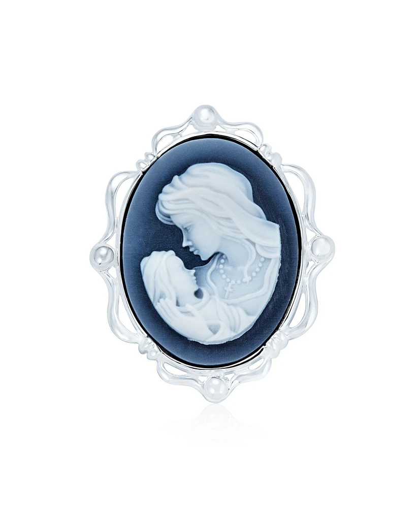 Bling Jewelry Classic Blue White Carved Oval Framed Victorian Lady Portrait Mother and Child Cameo Pendant Brooch Necklace For Women Mother Sterling S