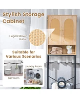 Slickblue Over The Toilet Storage Cabinet with Rattan Doors and Shelves-Natural