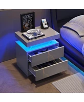 Nightstand Led Bedside Table Cabinet Lights Modern End Side With 2 Drawers For Bedroom (Gray Gold)