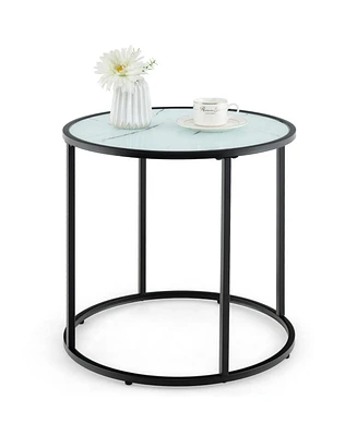 Slickblue 20" Glass End Table with Metal Frame and Faux Marble Glass Top-Black & White