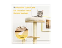 Slickblue 4 Levels Modern Wood Cat Tower with Washable Mats-Walnut