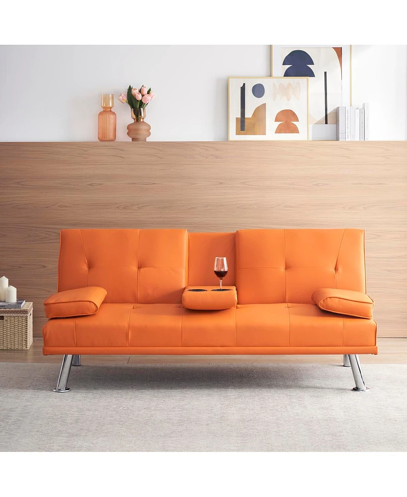 Streamdale Furniture 67" Orange Leather Multifunctional Double Folding Sofa Bed For Office With Coffee Table