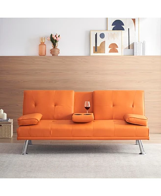 Simplie Fun 67" Orange Leather Multifunctional Double Folding Sofa Bed For Office With Coffee Table