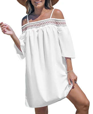 Cupshe Women's Smocked Lace Open-Shoulder Beach Dress