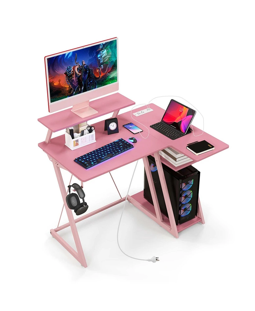 Costway L-Shaped Gaming Desk with Outlets & Usb Ports Monitor Shelf Headphone Hook