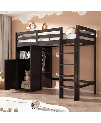 Simplie Fun Twin Loft Bed With Wardrobe, Storage Shelves And Ladder