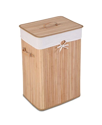 Costway Rectangle Bamboo Hamper Laundry Basket Washing Cloth Bin Bag Lid