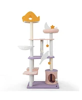 Slickblue 66" Cute Cat Tree Cats Multi-level Tall Cat Tower w/ Sisal Covered Scratching Posts-Purple