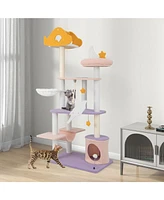 Slickblue 66" Cute Cat Tree Cats Multi-level Tall Cat Tower w/ Sisal Covered Scratching Posts-Purple